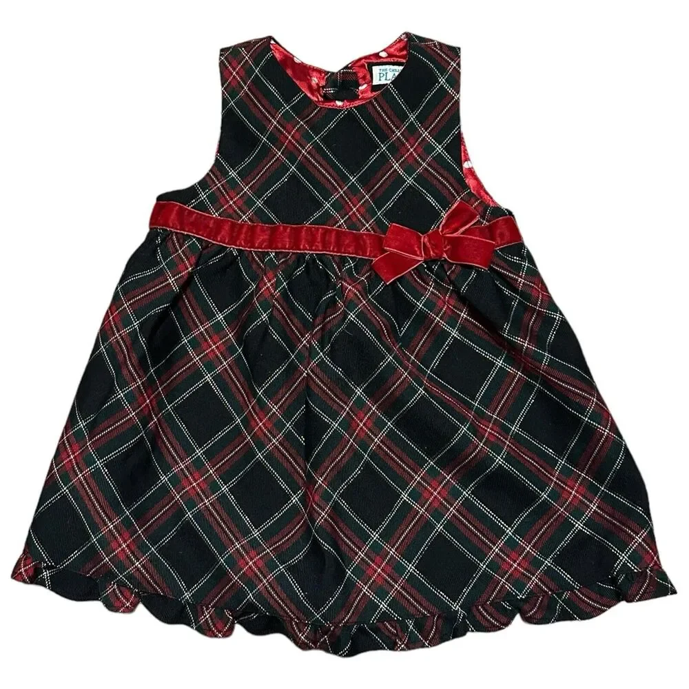 The Children's Place‎ Red Tartan Plaid Sleeveless Christmas Dress Bow 6-9M